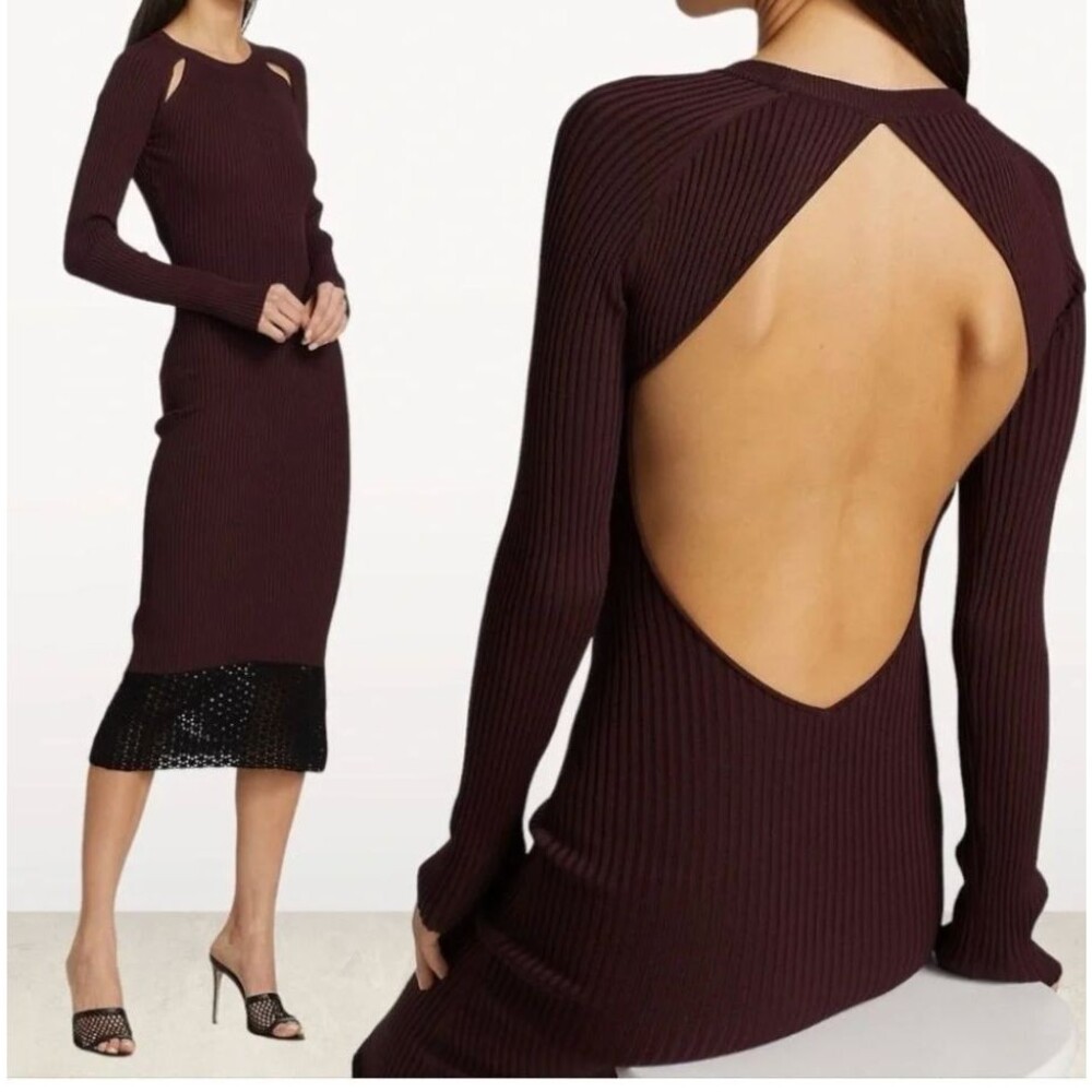 NWT Staud Burgundy Rib Knit Open Back Long Sleeve Maxi Mulholland Dress Sz L